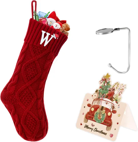 Vista 111 de Calcetines de Navidad con inicial A, 20 pulgadas, con iniciales bordadas para la familia, calcetín navideño tejido personalizado con monograma