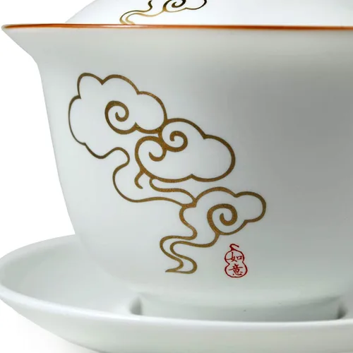 Vista 6 de Liang baobao Gaiwan - Taza de té de porcelana de 8 onzas, color blanco esmaltado con borde dorado, sopera china de gongfu, taza de té de gongfu