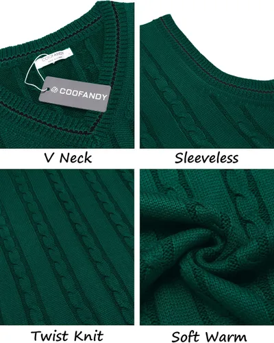 Vista 5 de COOFANDY Suéter para hombre, cuello en V, ajustado, casual, sin mangas, tejido trenzado