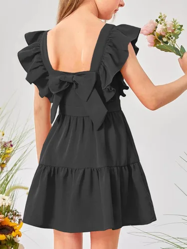 Vista 3 de Imily Bela Vestido de verano con cuello cuadrado para niñas, manga con volantes, acampanado, casual, para fiesta, mini vestidos de 5 a 14 años