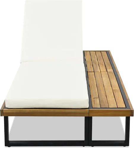 Vista 9 de Tumbona reclinable para patio al aire libre con respaldo ajustable de 5 posiciones y mesa auxiliar de madera, silla lounge para todo tipo de clima