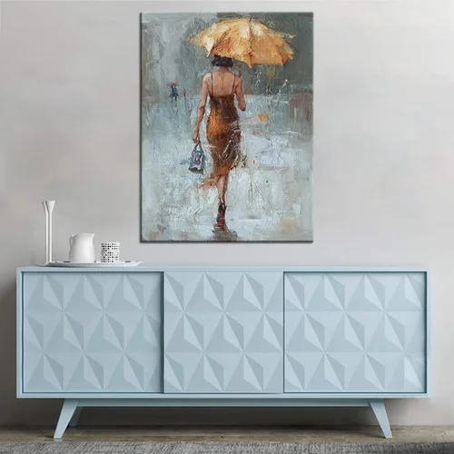 Vista 4 de Lienzo de pared con paraguas de niña con vestido caqui caminando en la calle lluvia pintura arte moderno lienzo abstracto obra de arte