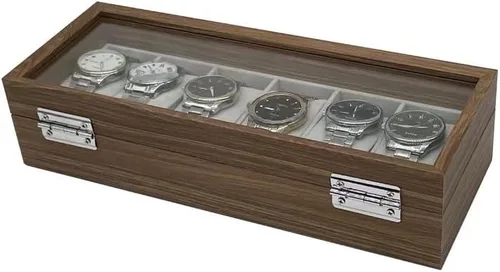 Vista 4 de Caja de reloj vitrina organizador de joyas con tapa de vidrio (madera-6slot)