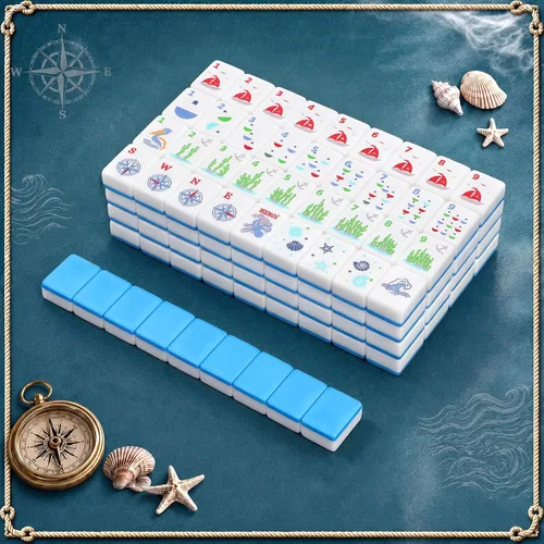 Vista 4 de Juego de azulejos Mahjong azul americano grabado con temática