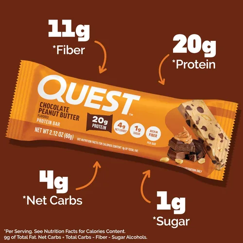 Vista 4 de Barras de Quest Nutrition de mantequilla de cacahuete con chocolate, 20g de proteína, 1g de azúcar, 4g de carbohidratos netos, sin gluten, aptas