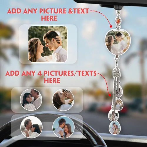 Vista 2 de Dijes colgantes de cristal personalizados para automóvil con fotos y textos personalizados Adorno colgante de espejo retrovisor Colgante de foto