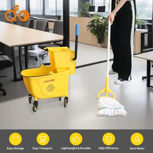 Vista 7 de Combo de escurridor de prensa lateral, cubo rectangular de limpieza de pisos con ruedas, 35 cuartos de galón, amarillo, añade una fregona y un