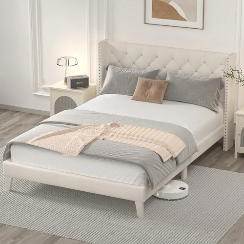 Vista 6 de DOGIBIXO Marco de cama tamaño completo con luces LED, marco de cama tapizado con cabecera de respaldo alado capitonada de diamante, soporte