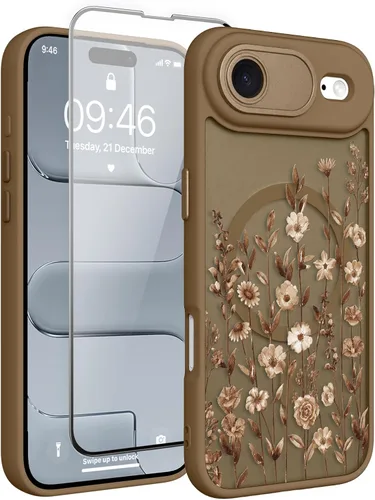 Vista 56 de Magnético para iPhone 13 con protector de pantalla [Compatible con MagSafe] Diseño de patrón floral de flores bonitas, funda delgada a prueba