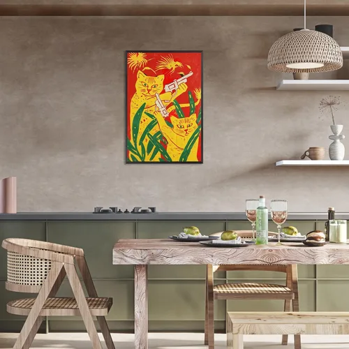 Vista 4 de Póster abstracto vintage de animales retro, dos gatos amarillos sosteniendo pistolas, pintura divertida acuarela gato lienzo arte de pared