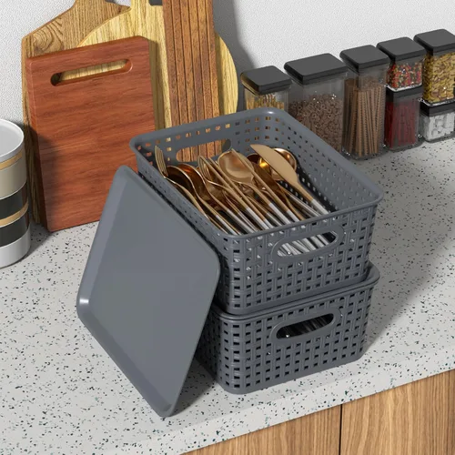 Vista 6 de Paquete de 6 cestas pequeñas de almacenamiento tejidas de plástico con tapa, canasta gris