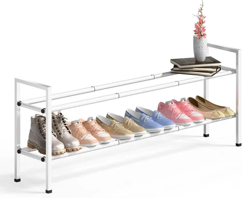 Vista 21 de Bumusty estante de zapatos de 2 niveles largo y expandible para clóset, estante de zapatos ajustable de 46-112 cm para entrada, estante organizador