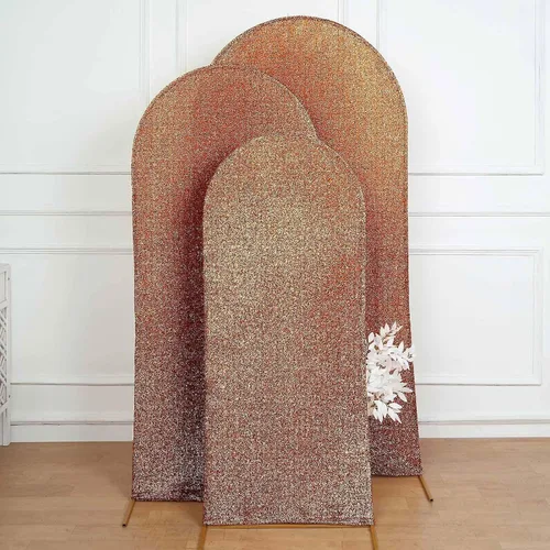 Vista 8 de Efavormart - Marco de fondo redondo de elastano dorado antiguo brillante de 5 pies, cubierta metálica brillante para arco de boda de 2 lados