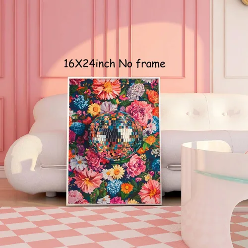 Vista 5 de Arte de pared de bola de discoteca colorida, pintura de flores de discoteca, póster retro de discoteca, imágenes florales coloridas, arte de pared