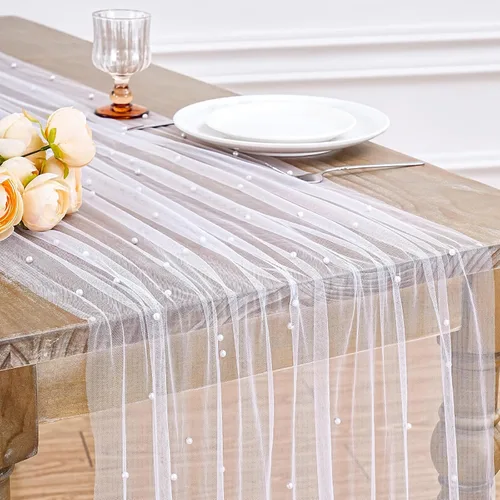 Vista 33 de LuoluoHouse Camino de Mesa de Perla para Centros de Mesa de Boda: Camino de Mesa de Perla de 10 pies, Decoración de Mesa de 29x120 Pulgadas de Tul