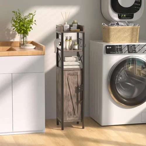 Vista 2 de VECELO Armario de baño pequeño, soporte delgado de papel higiénico con puerta y 2 estantes, organizador de almacenamiento estrecho mejorado