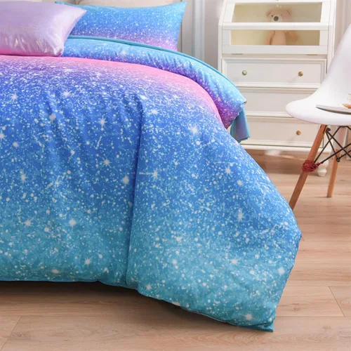 Vista 6 de A Nice Night Juego de ropa de cama de 6 piezas con purpurina degradada para niñas, tamaño completo, juego de edredón colorido de galaxia arcoíris
