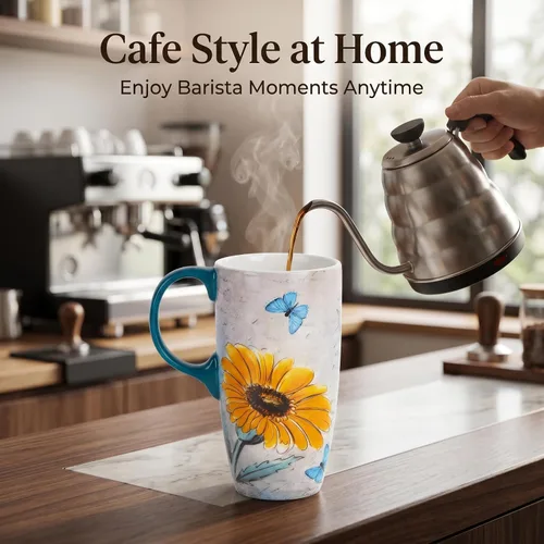 Vista 2 de Taza de café de cerámica de 17 onzas con tapa, taza de viaje de porcelana floral de margarita, taza de café alta con asa, apta para microondas