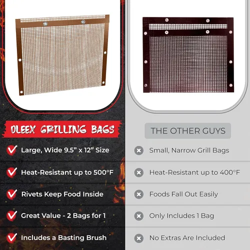 Vista 4 de Oleex - Bolsas antiadherentes grandes para parrilla, color cobre + cepillo para untar, malla de PTFE reutilizable para interiores y exteriores