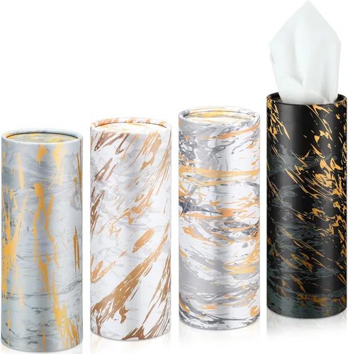 Vista 8 de Thenshop Paquete de 12 soportes para pañuelos de automóvil de 3 capas de tejido facial a granel mármol moderno, cilíndrico, cajas redondas de viaje