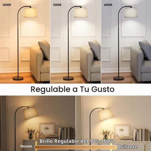Vista 3 de Lámparas de pie para sala de estar, lámpara de pie de arco de 64" con 6000K y regulable sin escalones, pantalla giratoria 350°H/180°V y control Negro