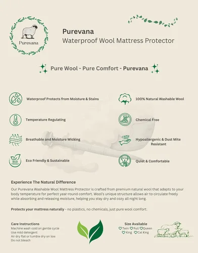Vista 6 de Protector de colchón impermeable con relleno de lana lavable, parte superior de algodón natural, transpirable, regulador de temperatura, absorbe