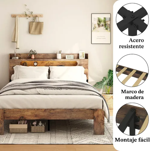 Vista 5 de Marco de cama tamaño completo de madera, cabecero con almacenamiento y estación de carga y luces LED, estructura robusta de granja rústica, fácil