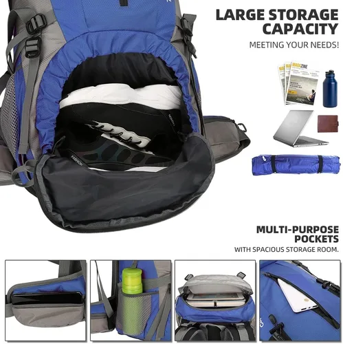 Vista 4 de King'sGuard Mochila de senderismo de 70L con cubierta de lluvia, mochila de viaje impermeable ligera para acampar, mochila grande Azul (deepblue)