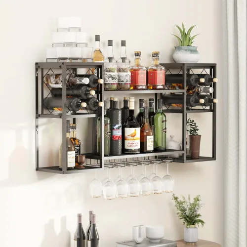 Vista 10 de KaKaBB Estante de vino montado en la pared, estantes de metal de 47 pulgadas de 2 niveles con soporte para vidrio, capacidad para 30 botellas y de 6