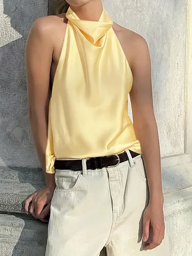 Vista 6 de Cicy Bell Camiseta de satén con cuello halter para mujer, sin espalda, Y2K Amarillo