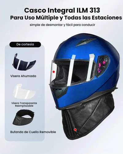 Vista 2 de ILM - Casco integral para motocicleta y bicicleta urbana, con bufanda de invierno extraíble, 2 viseras, modelo aprobado por DOT JK313 2-Azul