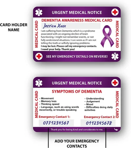 Vista 9 de Concientización de la tarjeta médica con panel grabable y cordón modelado, tarjeta de PVC de contacto de emergencia (Demencia)