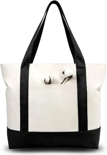 Vista 8 de TOPDesign Paquete de 1 bolsa de lona con bolsillo externo, bolsa de compras reutilizable para comestibles, cierre de cremallera superior, artículos