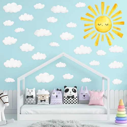 Vista 7 de Calcomanías de pared de sol y nubes, acuarela bohemia, calcomanías de sol para despegar y pegar, calcomanías de pared de sol de PVC, decoración