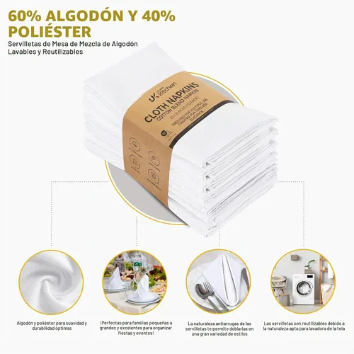 Vista 4 de Utopia Kitchen - Servilletas de tela blancas, paquete de 12 (50 x 50 cm), mezcla de algodón absorbente, lavables y reutilizables para cena, 2-Blanco