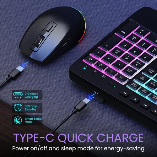 Vista 4 de Combo de teclado y mouse inalámbricos: teclado recargable VEILZOR 2.4G con soporte para teléfono, reposamuñecas ergonómico, 9 efectos