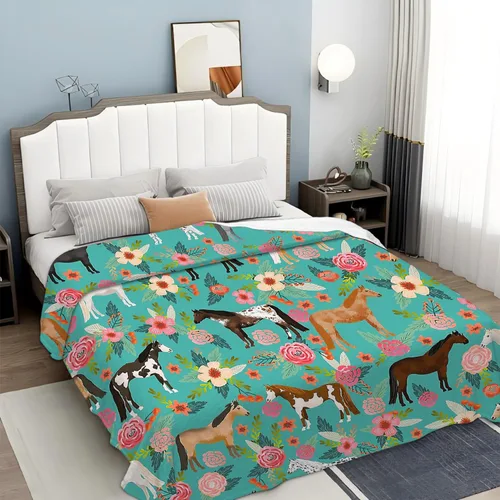 Vista 3 de Manta con estampado de caballos, con patrón de caballos y flores, para niñas, niños y adultos, súper cálida, suave y acogedora, manta de franela
