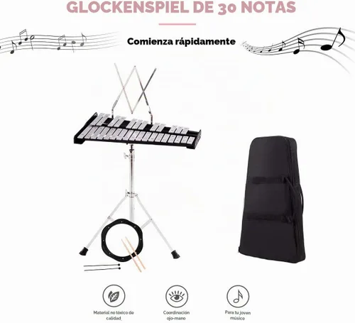 Vista 5 de Giantex Kit de campana de percusión Glockenspiel de 30 notas con estuche de transporte, almohadilla de práctica, soporte de altura ajustable, mazos