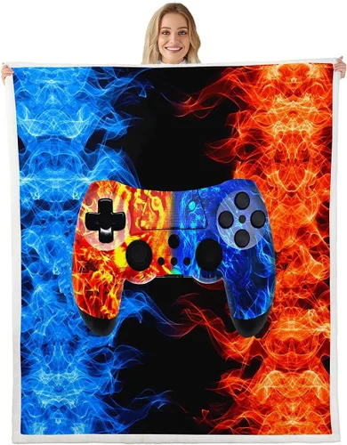 Vista 24 de Erosebridal Manta de cama para niños con estampado de consola de videojuegos moderna, manta de felpa suave con botones de acción rosa y azul, manta
