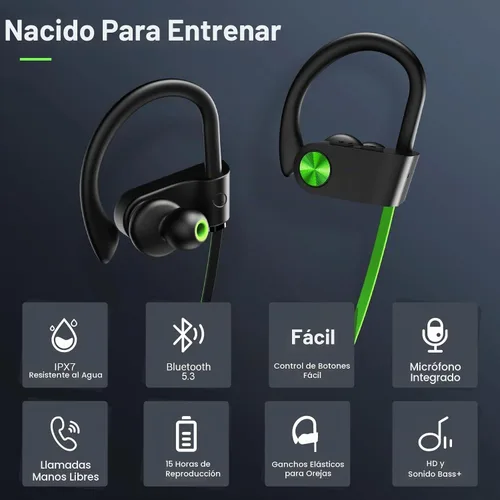 Vista 2 de Auriculares Bluetooth, Bluetooth 5.3 IPX7, impermeables, inalámbricos, deportivos, para gimnasio, 16 horas de reproducción, auriculares para correr