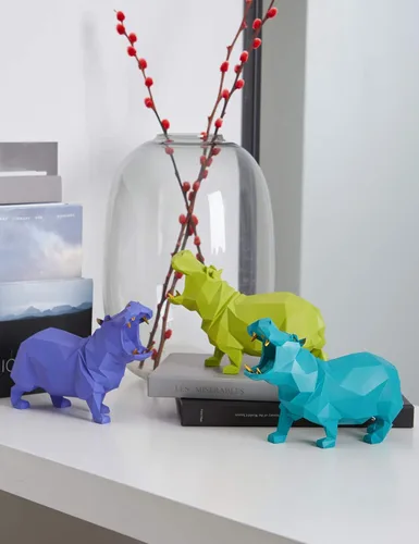 Vista 8 de HAUCOZE Estatua de hipopótamo, escultura de animal, figura moderna para decoración del hogar, decoración del hogar, arte de mesa, regalo para Azul