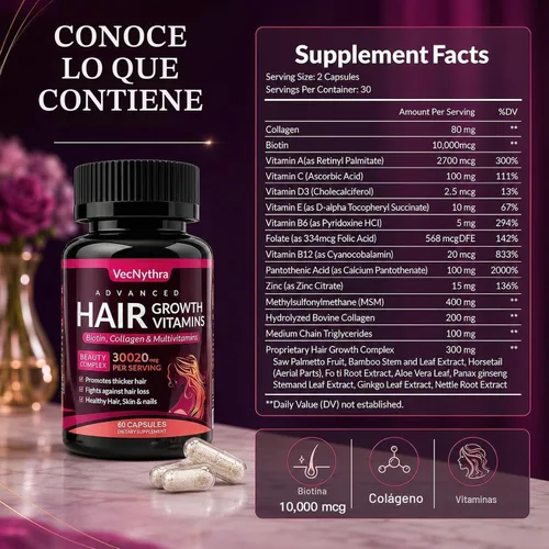 Vista 5 de Advanced Hair Growth Vitamins Supplement for Women, Biotin 10000 mcg