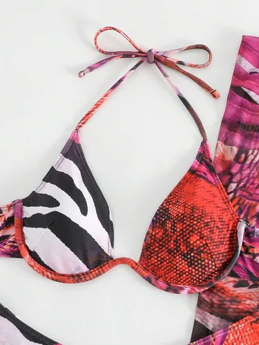 Vista 4 de OYOANGLE Conjunto de bikini de 3 piezas para mujer, estampado tropical, push up, halter, traje de baño con falda de playa