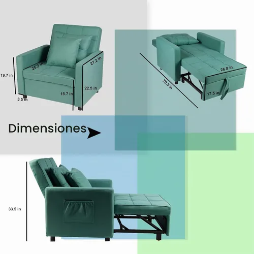 Vista 3 de Polar Aurora Silla de sofá cama convertible 3 en 1, tumbona, sillón reclinable individual para espacio pequeño con respaldo ajustable (verde)