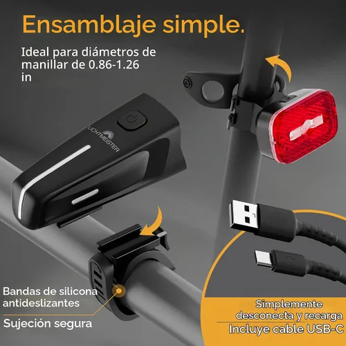 Vista 5 de Luces de bicicleta de 100 Lux - Batería de 2000 mAh - con reflector y luz de freno - USB-C recargable y a prueba de salpicaduras - Luces