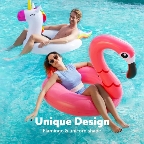 Vista 2 de SLOOSH Paquete de 2 flotadores inflables de flamenco de unicornio para piscina, decoraciones de fiesta de natación, divertidos flotadores, tubos