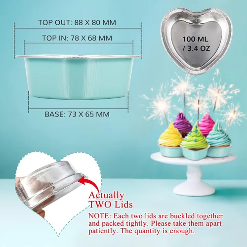 Vista 2 de Patelai 100 juegos de moldes para pasteles en forma de corazón con tapas, 100 ml / 3.4 fl oz/3.4 onzas, moldes de aluminio para magdalenas