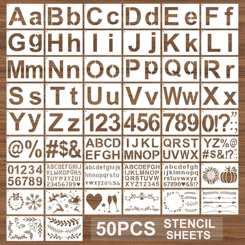 Vista 7 de BAMIDELE Plantillas de letras para pintar sobre madera, 50 plantillas de caligrafía del alfabeto para dibujo con números, signos, flores, plantillas