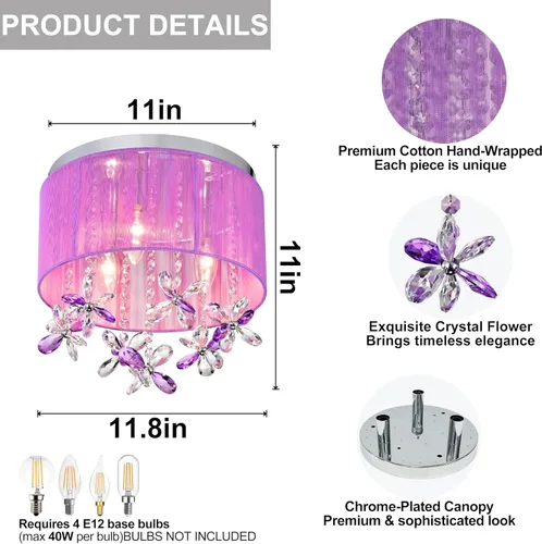Vista 6 de LaLuLa Candelabro de cristal morado para dormitorio de niñas, lámpara de techo E12 de 3 luces, pantalla de cuerda de algodón hecha a mano, elegante