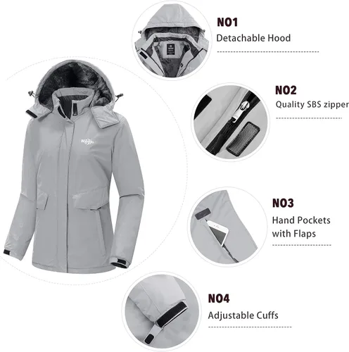 Vista 4 de Wantdo - Chaqueta de esquí impermeable para mujer, abrigo de invierno cálido y resistente al viento, abrigos de nieve
